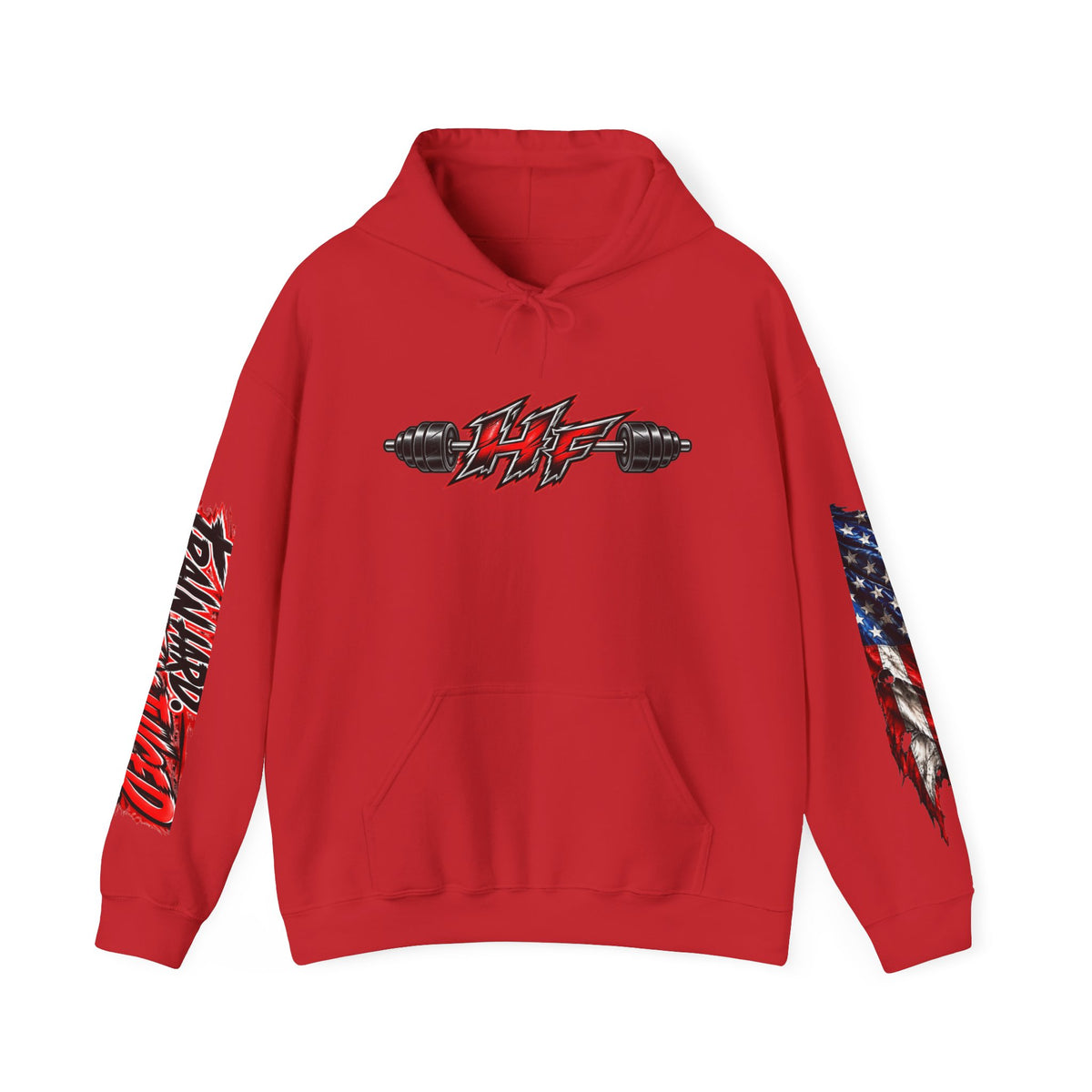 Holsclaw Fitness Hoodie — American Flag Sleeves & Barbell Logo