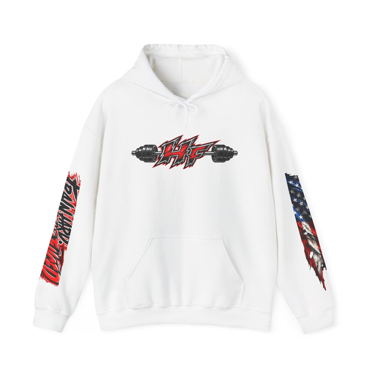Holsclaw Fitness Hoodie — American Flag Sleeves & Barbell Logo