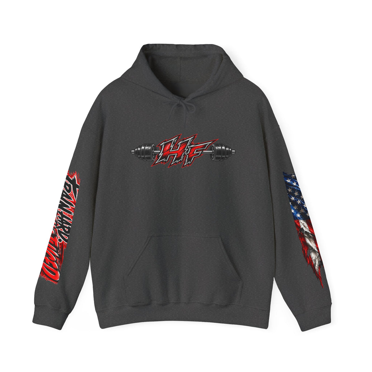 Holsclaw Fitness Hoodie — American Flag Sleeves & Barbell Logo